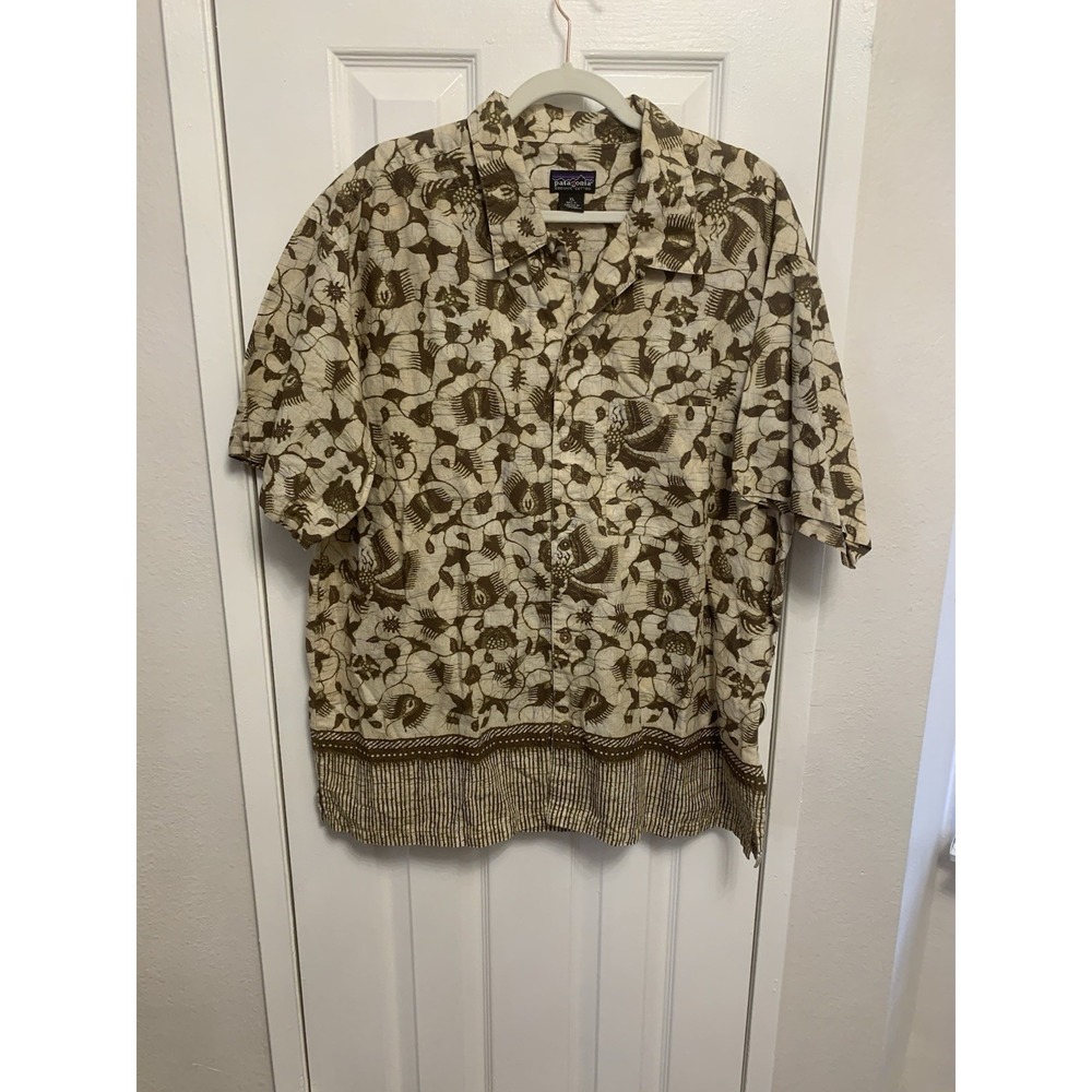 Patagonia Sun Bird Tribal Print Shirt Mens Beige Brown Floral Cotton XL